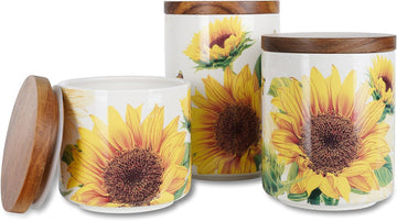 Sunflower Ceramic Canister Sets Counter,Tea Coffee Sugar Canister Set with Bamboo Lid - Set of 3
