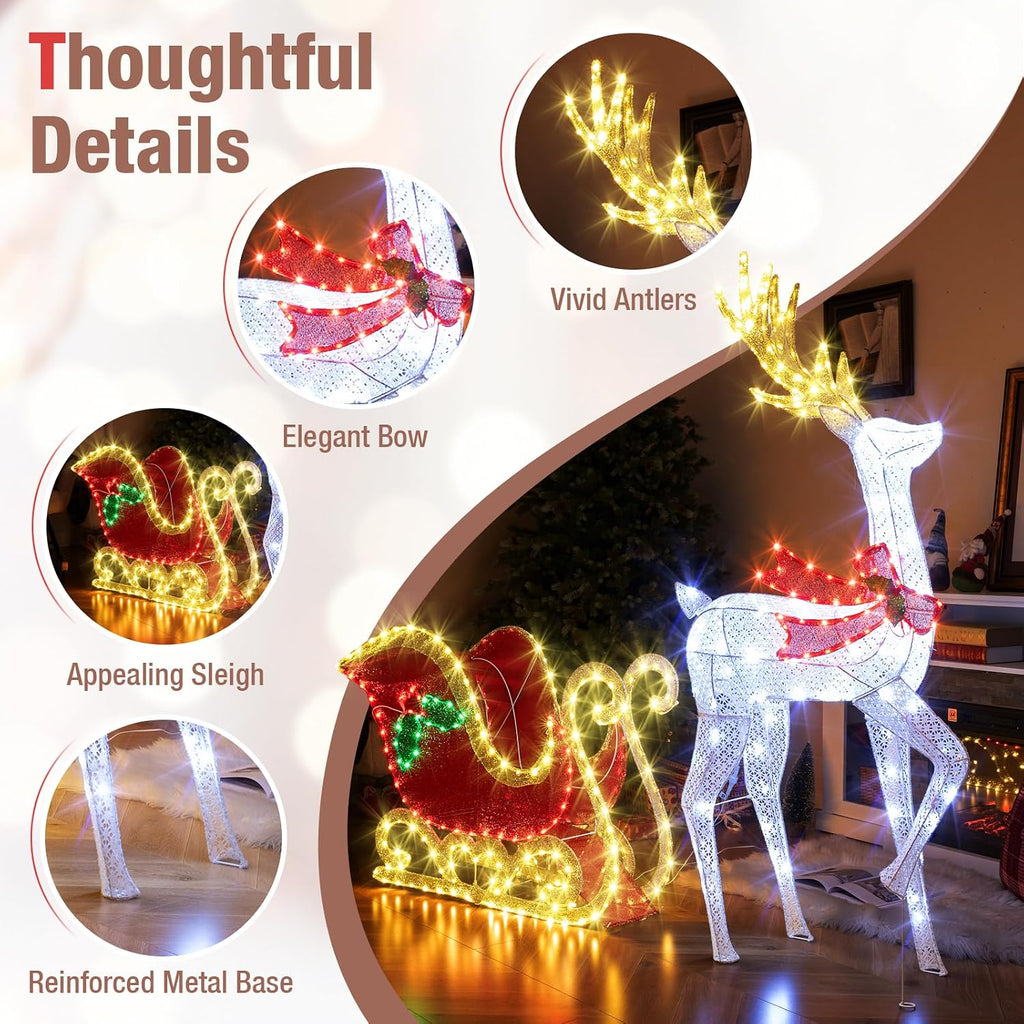5.4 FT Christmas Lighted Reindeer & Santa's Sleigh Set Decorations