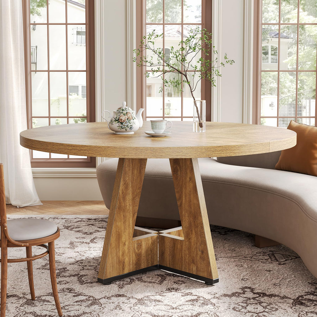 Round Dining Table for 4-6 People, 47 Inches Dining Room Table with Wooden Pedestal Base, Circle Kitchen Tables, Oak