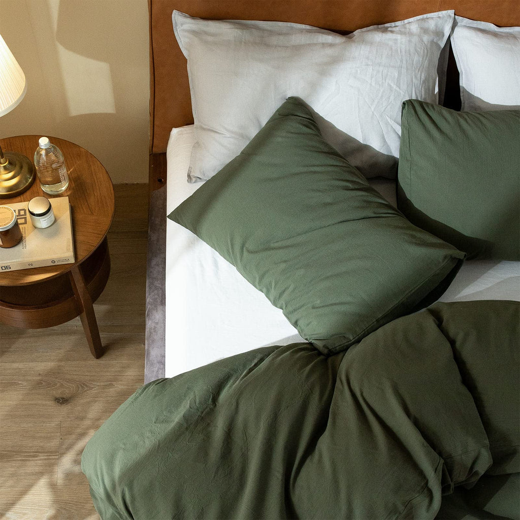 Dark Green Duvet Cover, 100% Washed Cotton Linen Like Textured Green Bedding Set, 1 Duvet Cover with 2