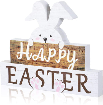 Easter Decorations for Table, Wooden Happy Easter Bunny Decor Sign, Wood Rabbit Block Tabletop Centerpiece Farmhouse