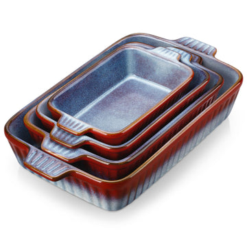 Ceramic Casserole Dishes for Oven, Reactive Glaze Baking Dishes Set of 4, Deep Rectangular Lasagna Pans with Handles