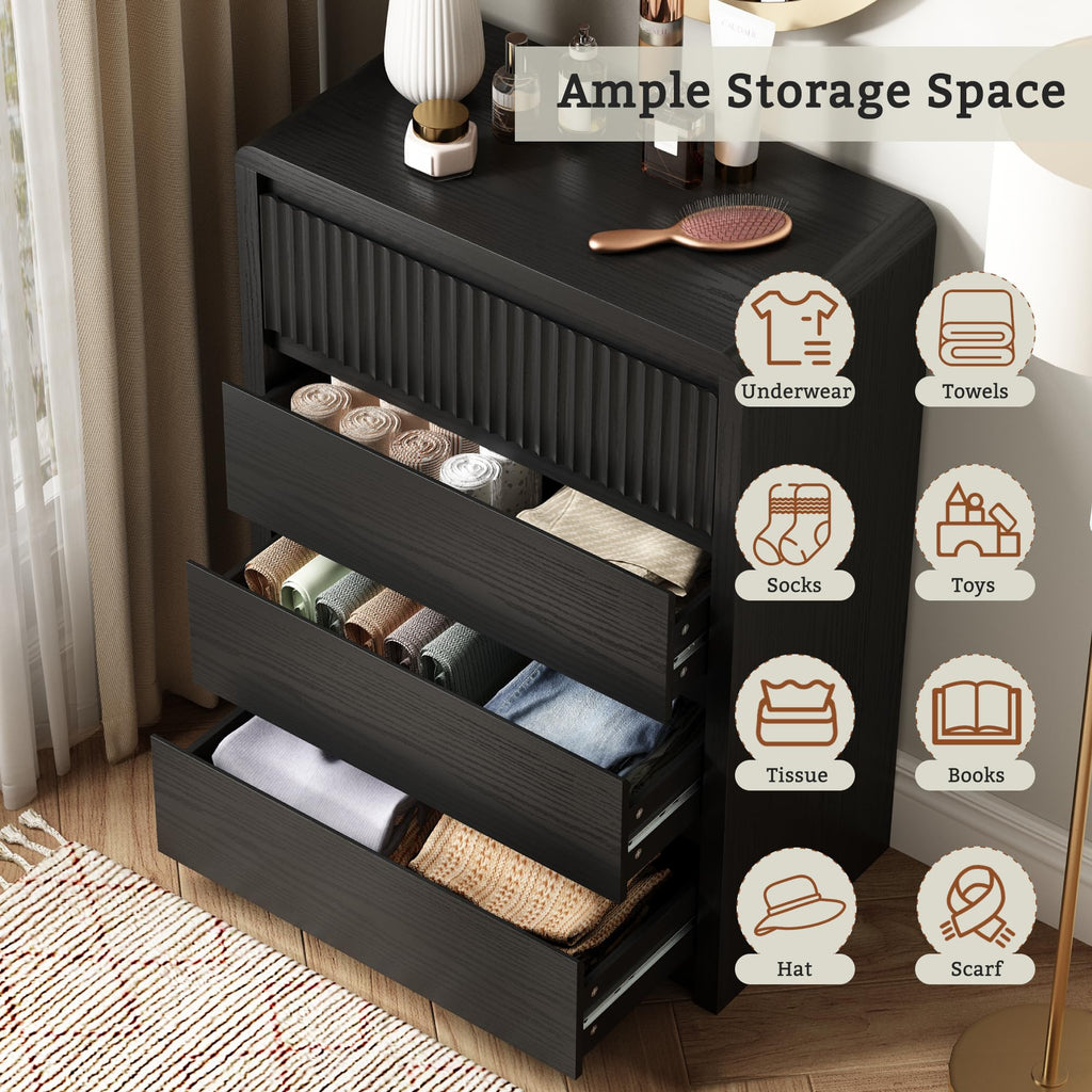 4 Drawer Dresser, 40" Tall Fluted Dresser with Curved Corners, Wood Dressers & Chests of Drawers with Dual-Panel