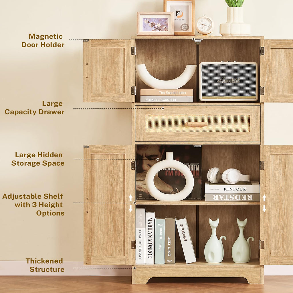 47.2" H Tall Storage Cabinet with Adjustable Shelf, Rattan Cabinet, Cupboard, Natural