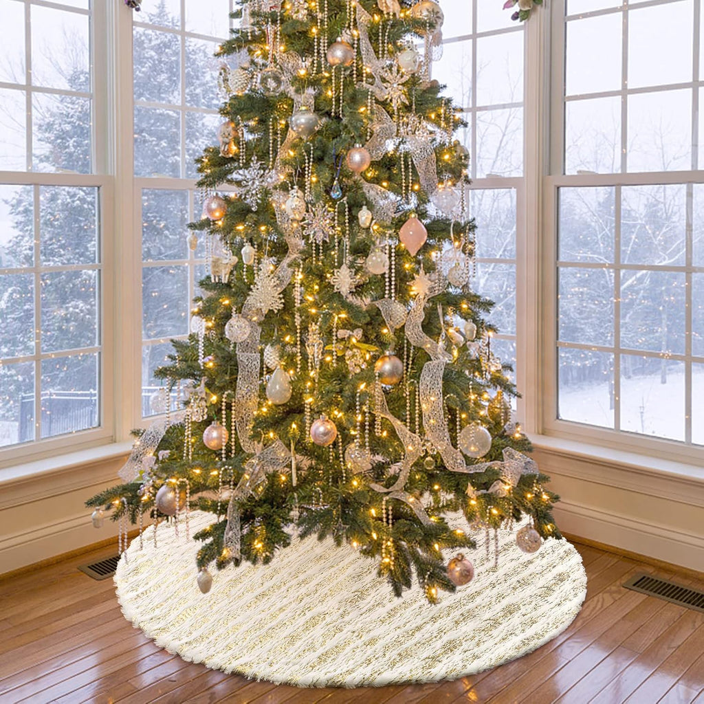 Christmas Tree Skirt White Bronzing Luxury Faux Fur Tree Skirt (Gold 48in)