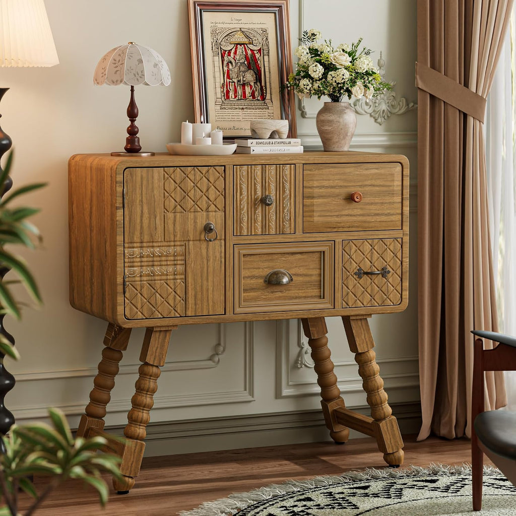 Boho Accent Cabinet with 4 Drawers and Door, Full Assembled Vintage Storage Chest, Hand-Carved Decorative Cabinet
