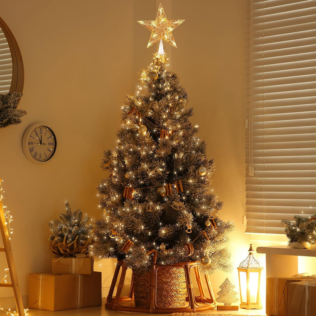 Star Tree Topper, Plug in 3D Twined Golden Star Metal Hollow Designed Christmas Tree Topper Decorations 9 inch,Built
