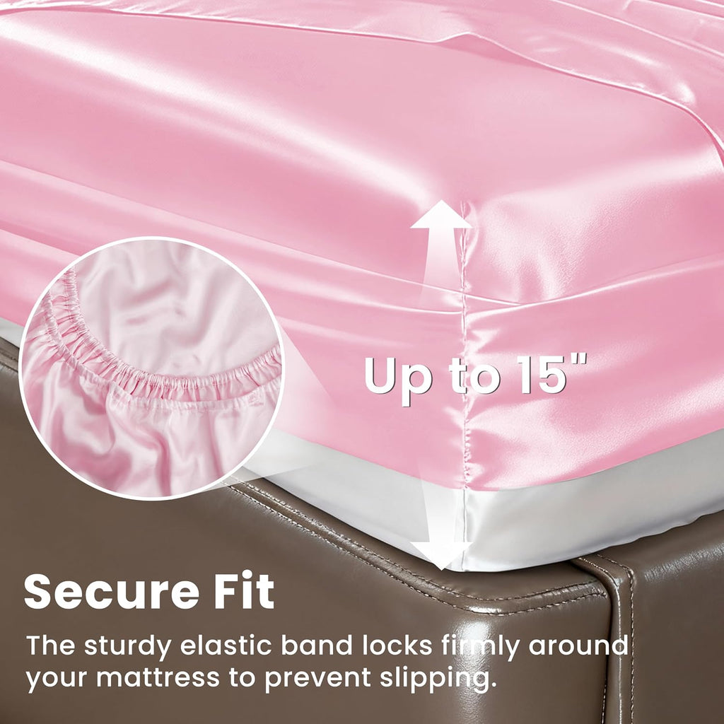 Satin King Sheet Sets - 4 Piece Pink Silky Sheets King Bed Set with Deep Pocket, Luxury Silk Feel King Satin Sheet