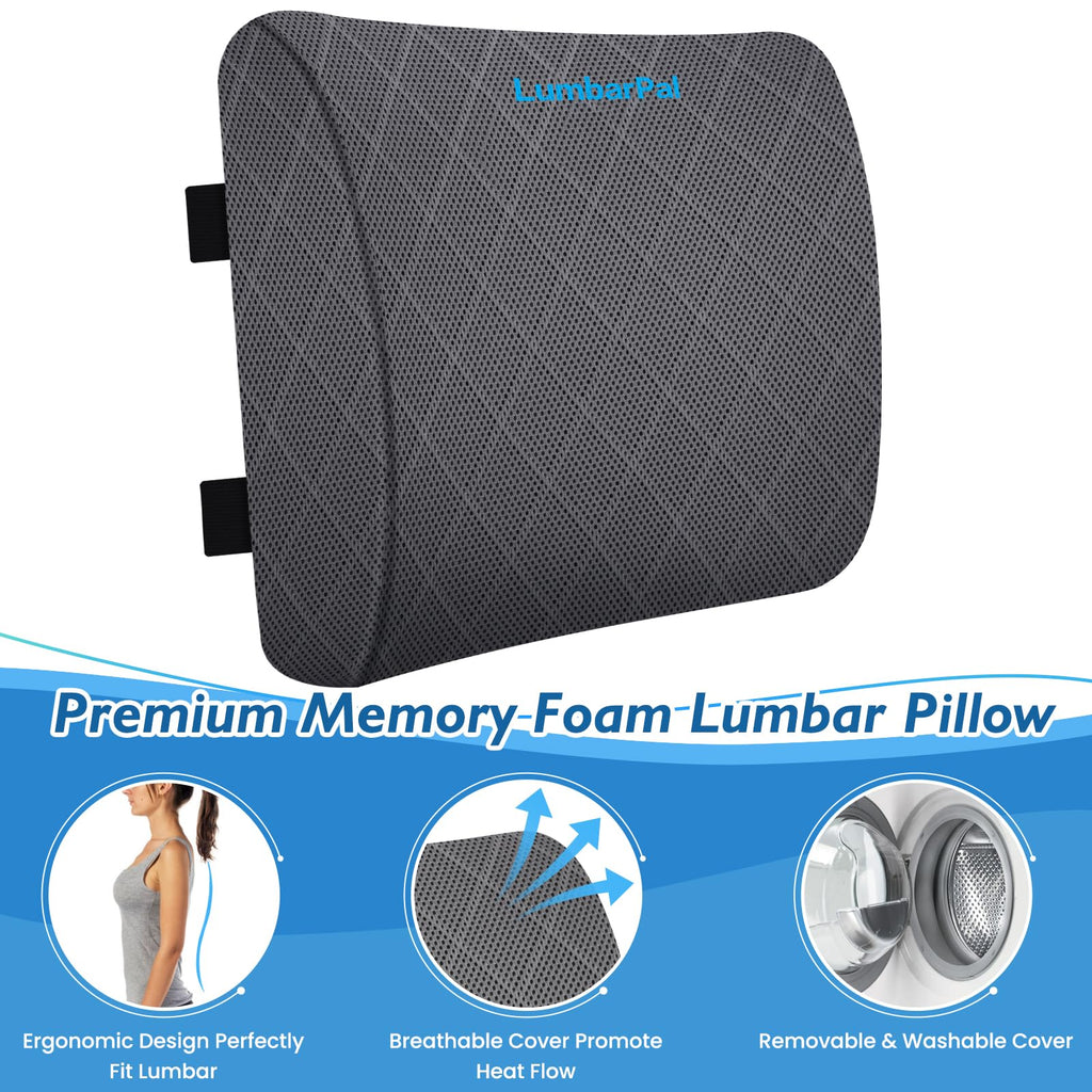 Lumbar Support Pillow Chair, Back Support, Memory Foam, Grey