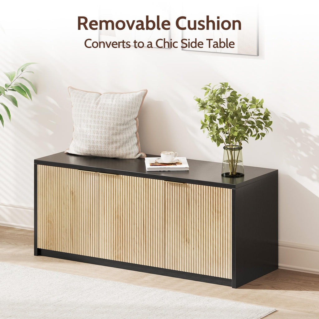 2-Tier Shoe Storage Bench with 3 Doors & Adjustable Shelf, Removable Padded Seat Cushion, 41.3" Entryway Bench - Wood