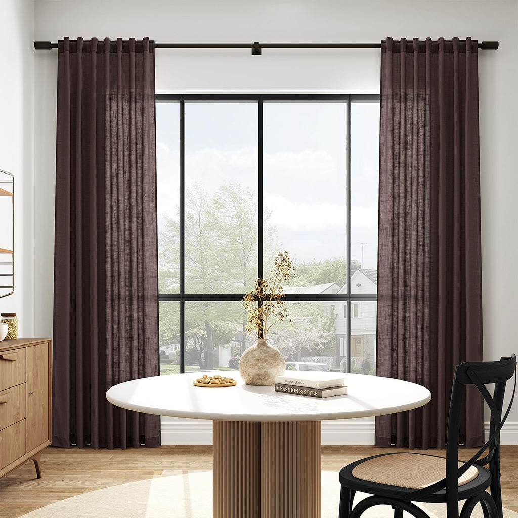Coffee Brown Extra Long Linen Curtains 120 Inch Set Rod Pocket Back Tab Light Filtering Semi Sheer Drapes Privacy