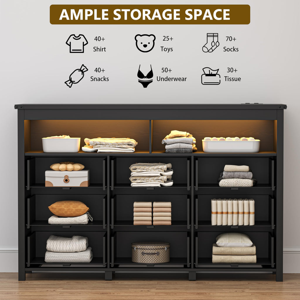 Dresser with 9 Drawers, LED Lights, Power Outlet, Black