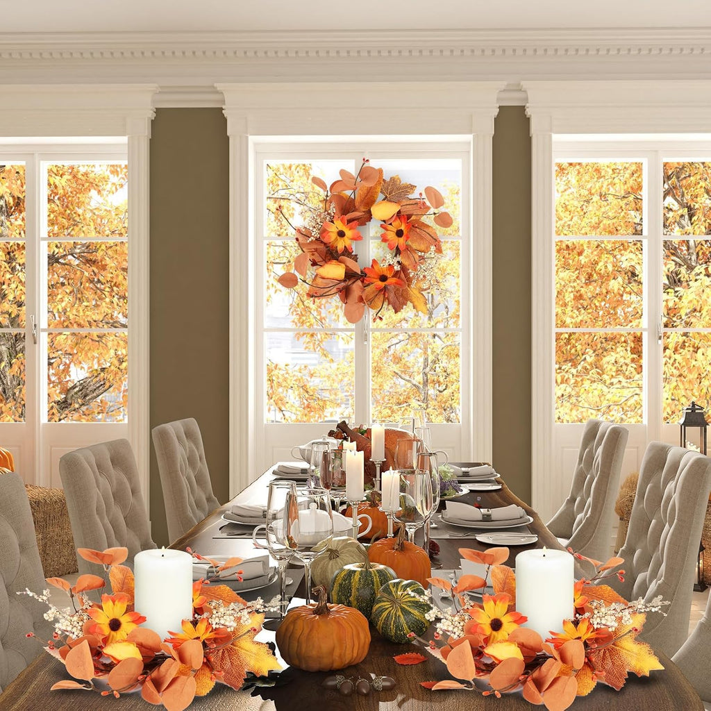 Fall Floral Candle Rings Wreaths Autumn Flower Rings for Centerpieces Harvest Pumpkins Wreath Mini Thanksgiving - Set of 4