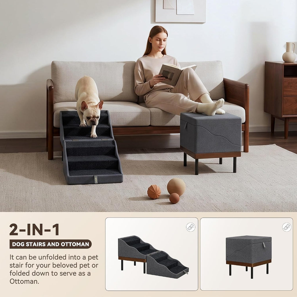 Dog Stairs for Dogs, 2-in-1 Wooden Foldable Ramp & Ottoman for Couch Bed