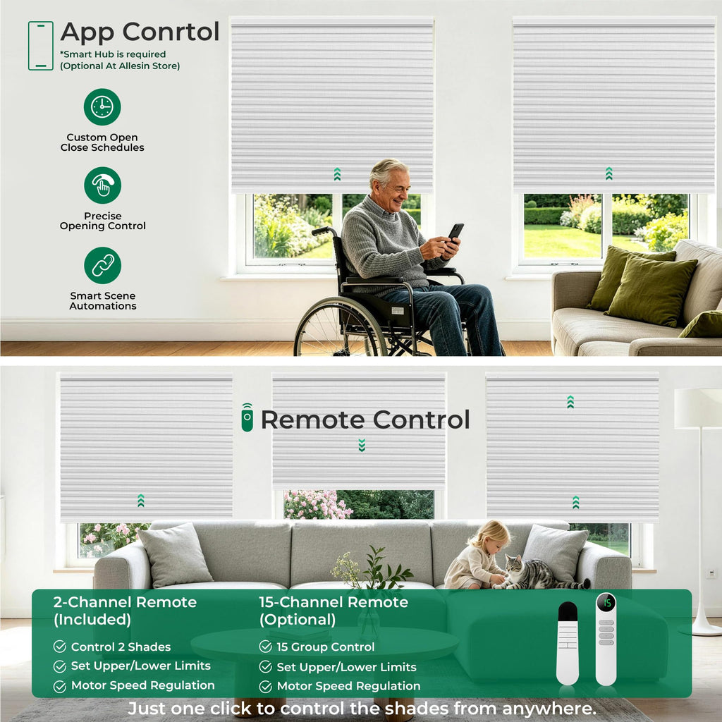 Motorized Cellular Shades No Drill with Remote, White