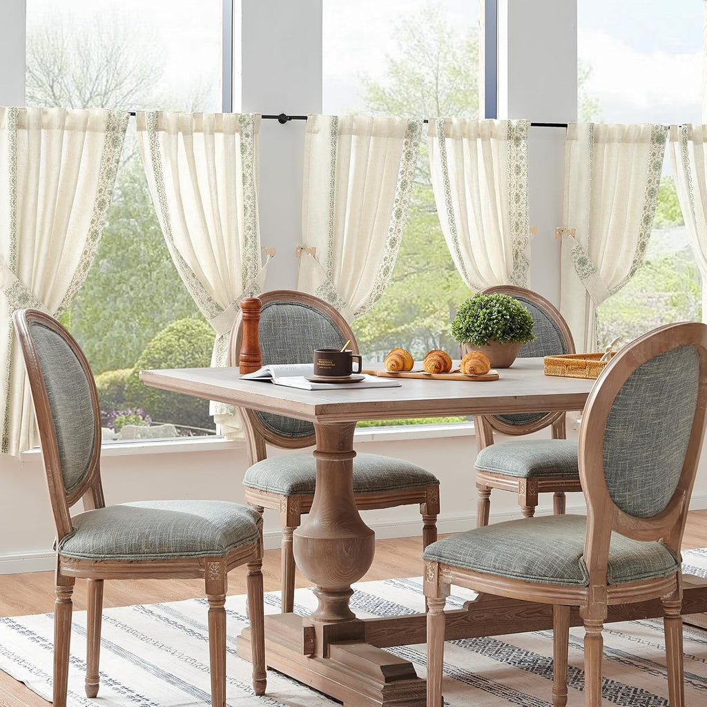 Small Window Curtains 45 Inch Length Linen Cafe Curtains for Kitchen Bathroom Bordered Floral Embroidered Short