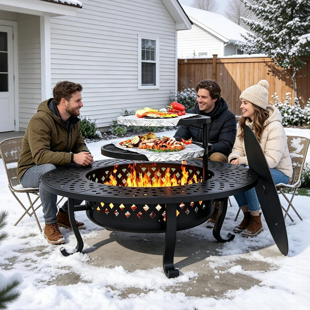 48" Fire Pit with 2 Grill, Wood Burning Firepit for Outside with Lid & Fire Poker Backyard Bonfire Picnic Camping