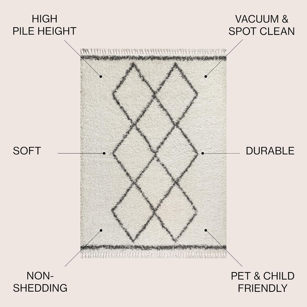 Mercer Shag Plush Tassel Cream/Gray Indoor Area Rug, Moroccan Geometric Trellis, Bohemian, Easy-Cleaning, Pet