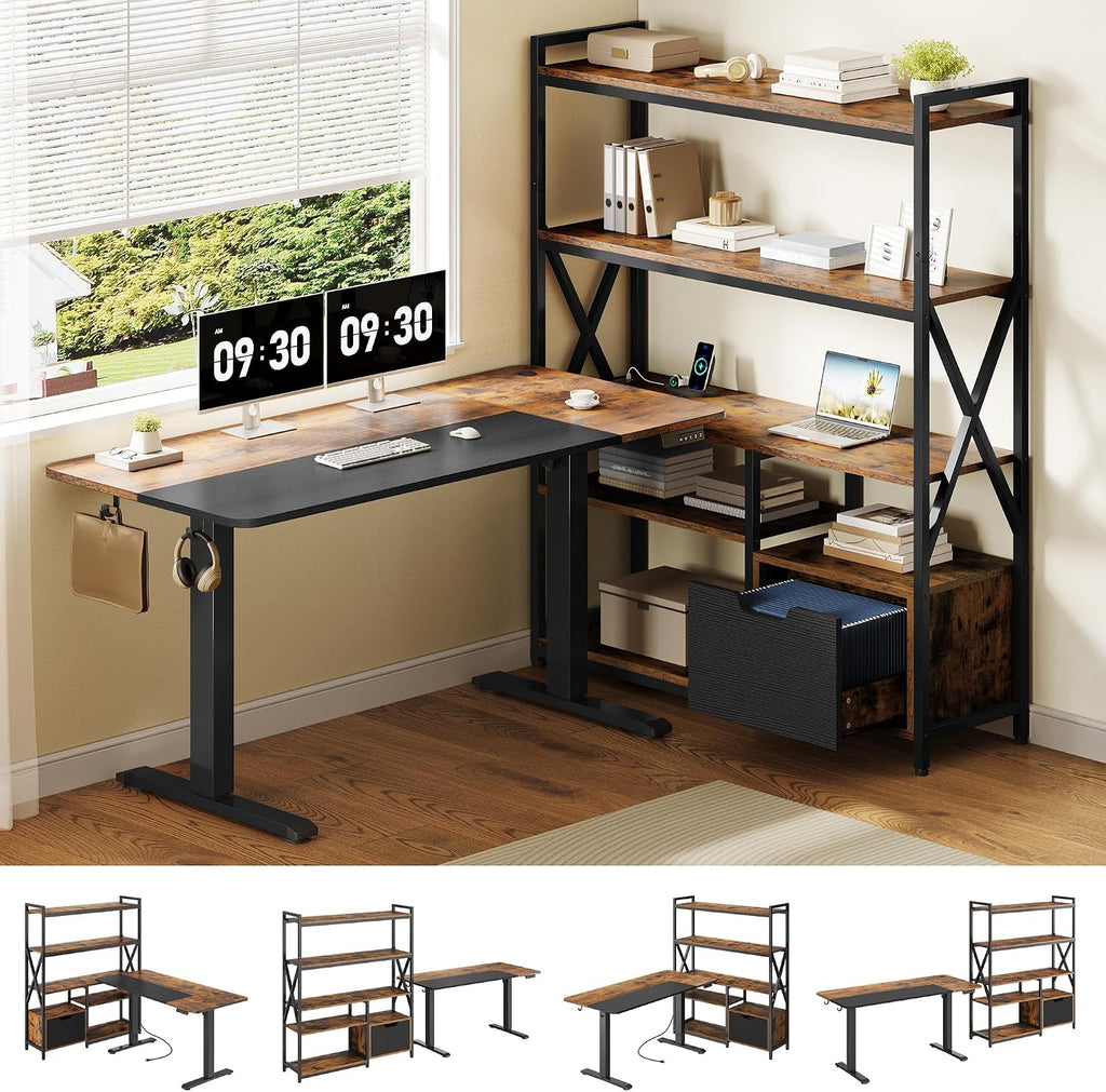 77.8 Inches L Shaped Standing Desk Corner Desk with Hutch Electric Height Adjustable Desk with Storage Shelves File