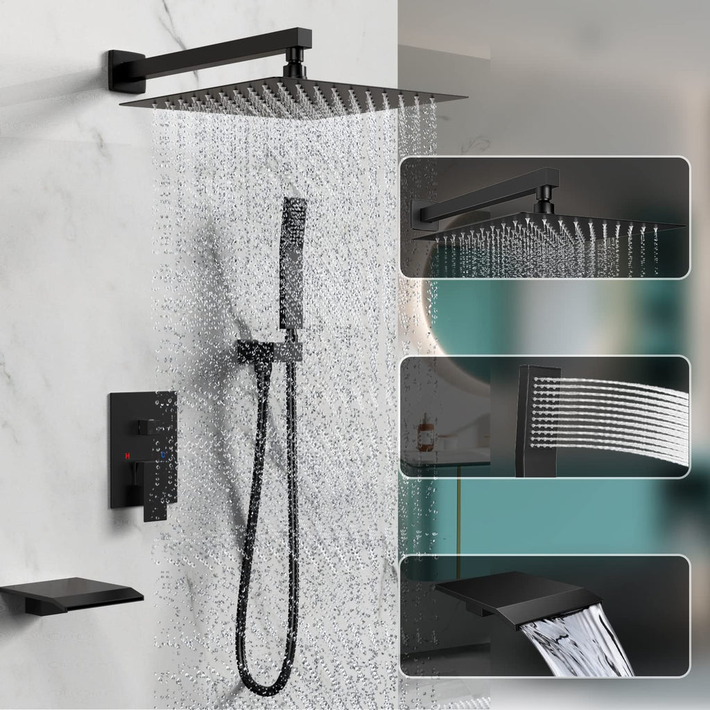 Matt Black Shower System Rain Faucet Set with Tub Spout, 12 inch