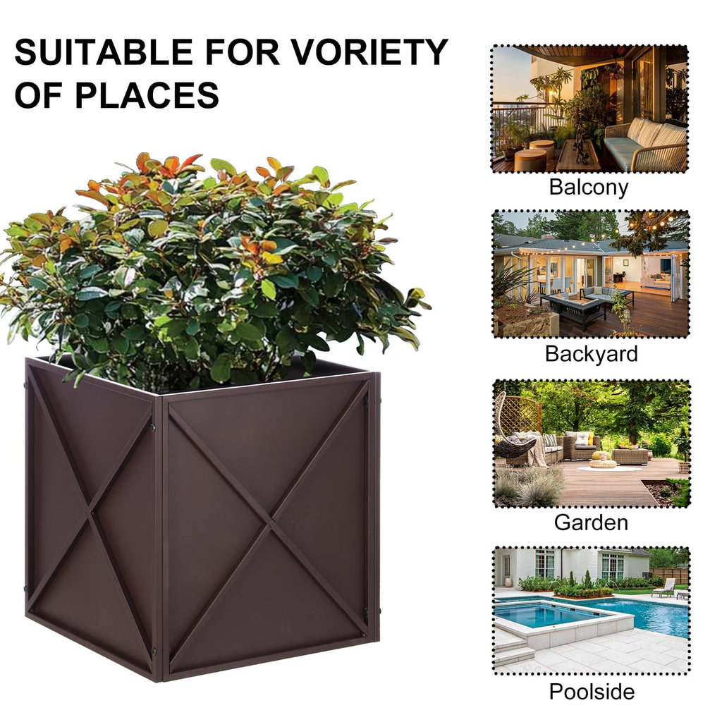 Large Metal Planter Box 17"x 17"x 18", Square Modern Brown Metal Planter Box Heavy Duty with Drainage Holes for