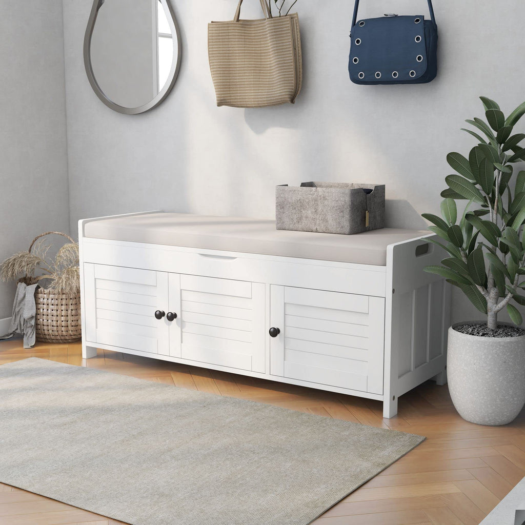 Upholstered Storage Ottoman with Removable Cushion, Wooden Entryway Bench with 3 Shutter-Shaped Doors and Hidden