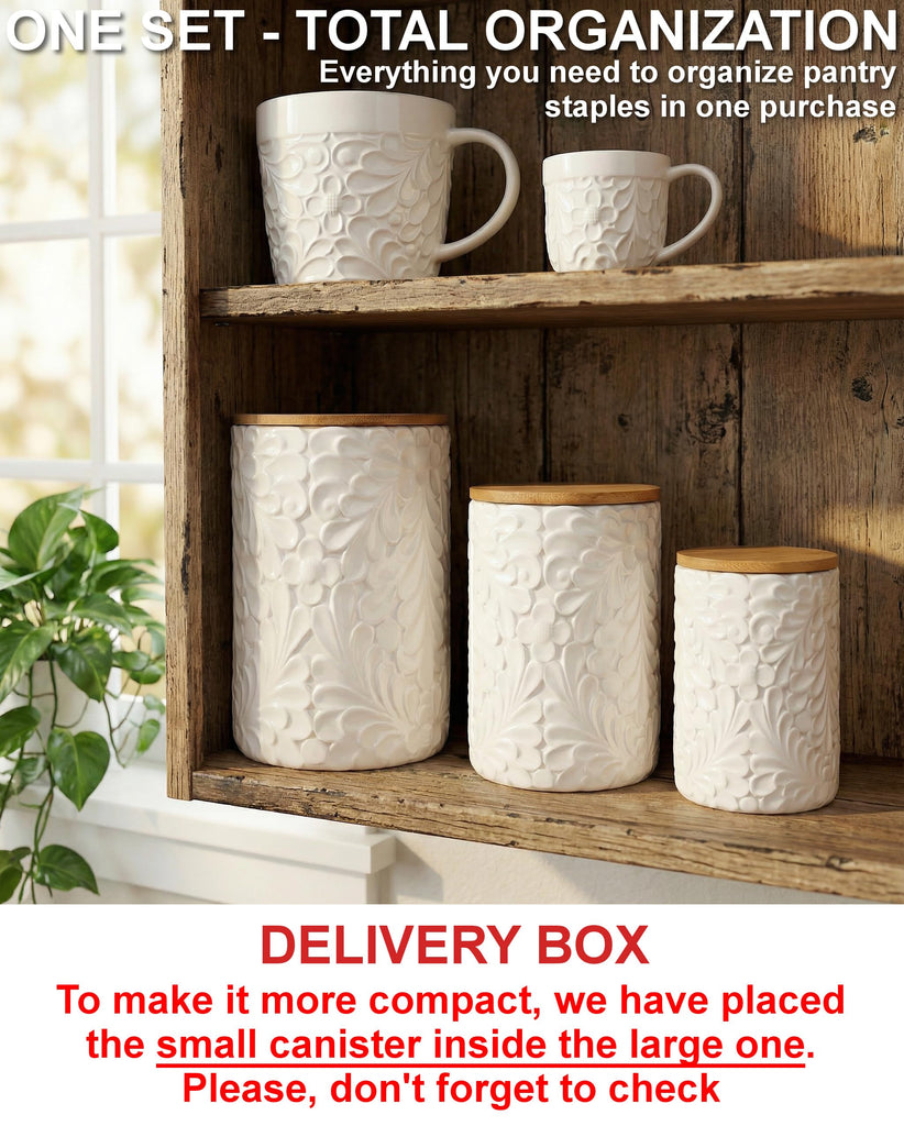 Engraved Ceramic Canisters Set of 3, 74, 36 & 18 Oz, Airtight Bamboo Lids