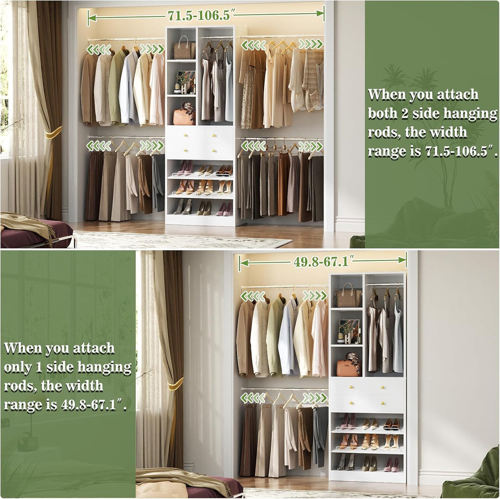 Closet System, 4.2-8.8 FT Closet Organizer with 2 Wooden Drawers and Shelves, Walk-in Closet System with 5 Hang Rods