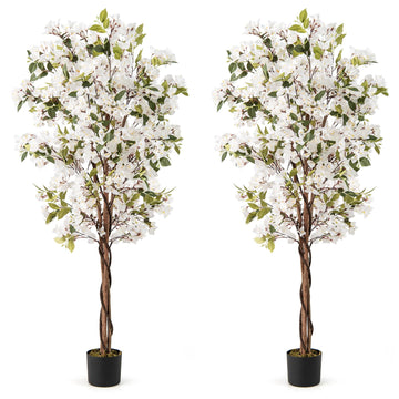 6 FT Bougainvillea Artificial Tree, 2 Pack Faux Flower Tree in Pot with 910 Flowers, 105 Leaves, Real Wood Trunk