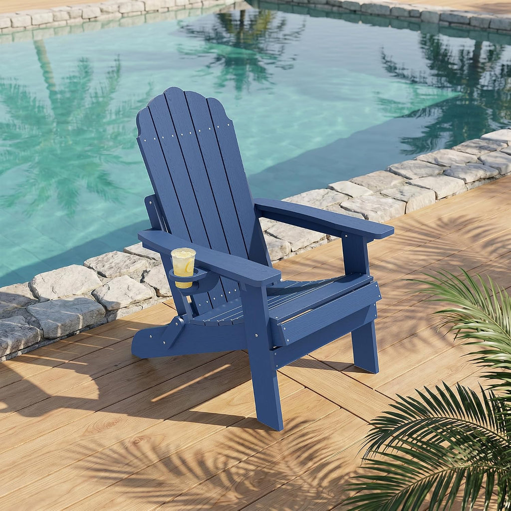 All-Weather Foldable Adirondack Chair, Fire Pit Chair | Weather Resistant Heavy-Duty Outdoor Chair with Cup Holder