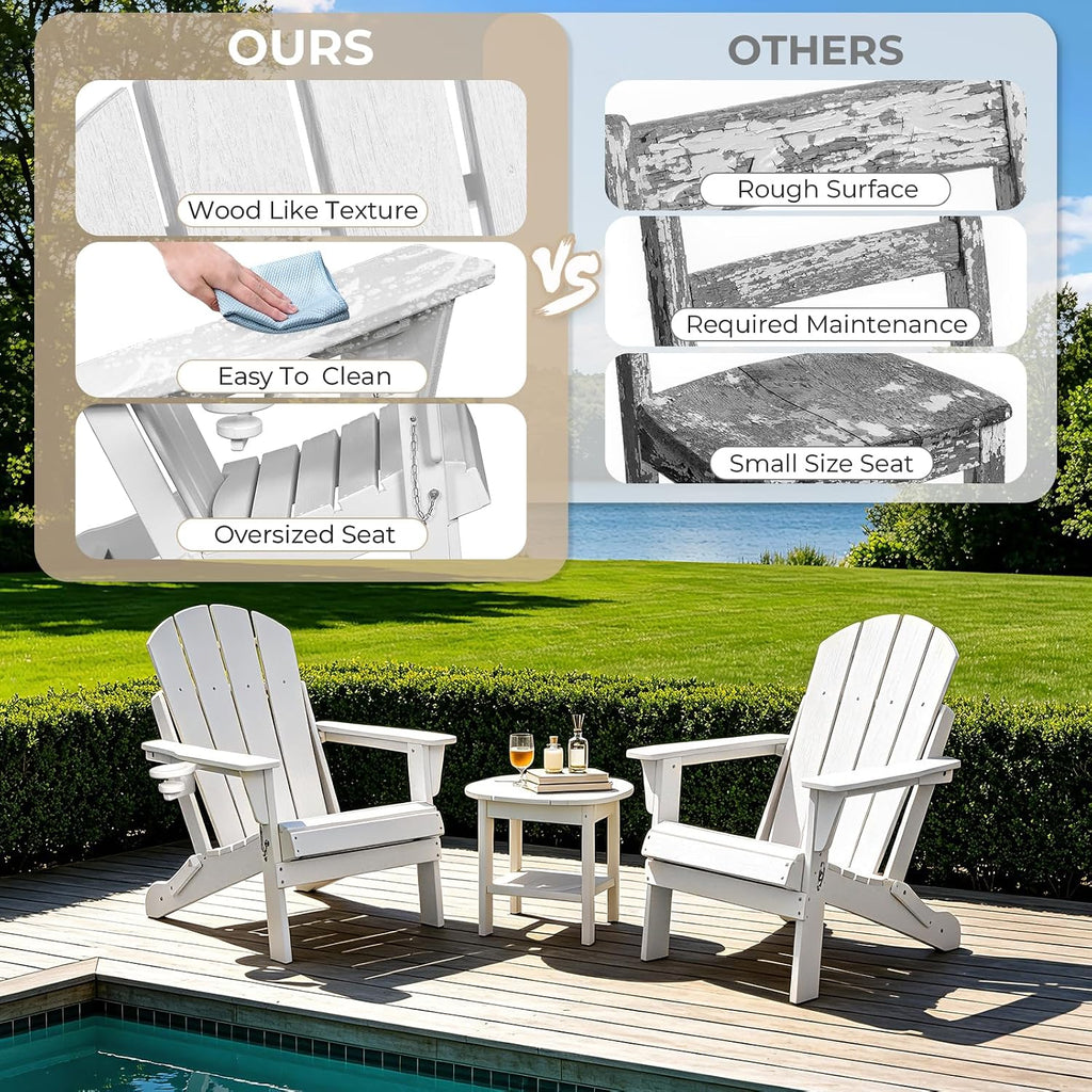 HDPE Adirondack Chair, Folding Outdoor Patio Chair with Cup Holder, Weather Resistant Wood Grain Lawn Chair for