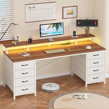 60" Computer Desk with 8 Drawers & Monitor Stand | Gaming Desk with LED Lights & Power Outlets, Home Office Desk with