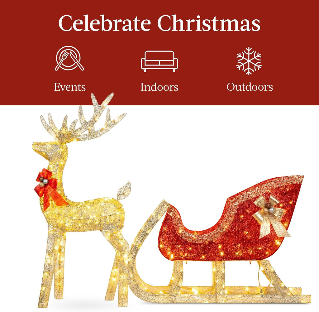 Lighted Christmas 4ft Reindeer & Sleigh Holiday Outdoor Yard Decoration Set w/ 205 LED Lights, Stakes, Zip Ties - Gold