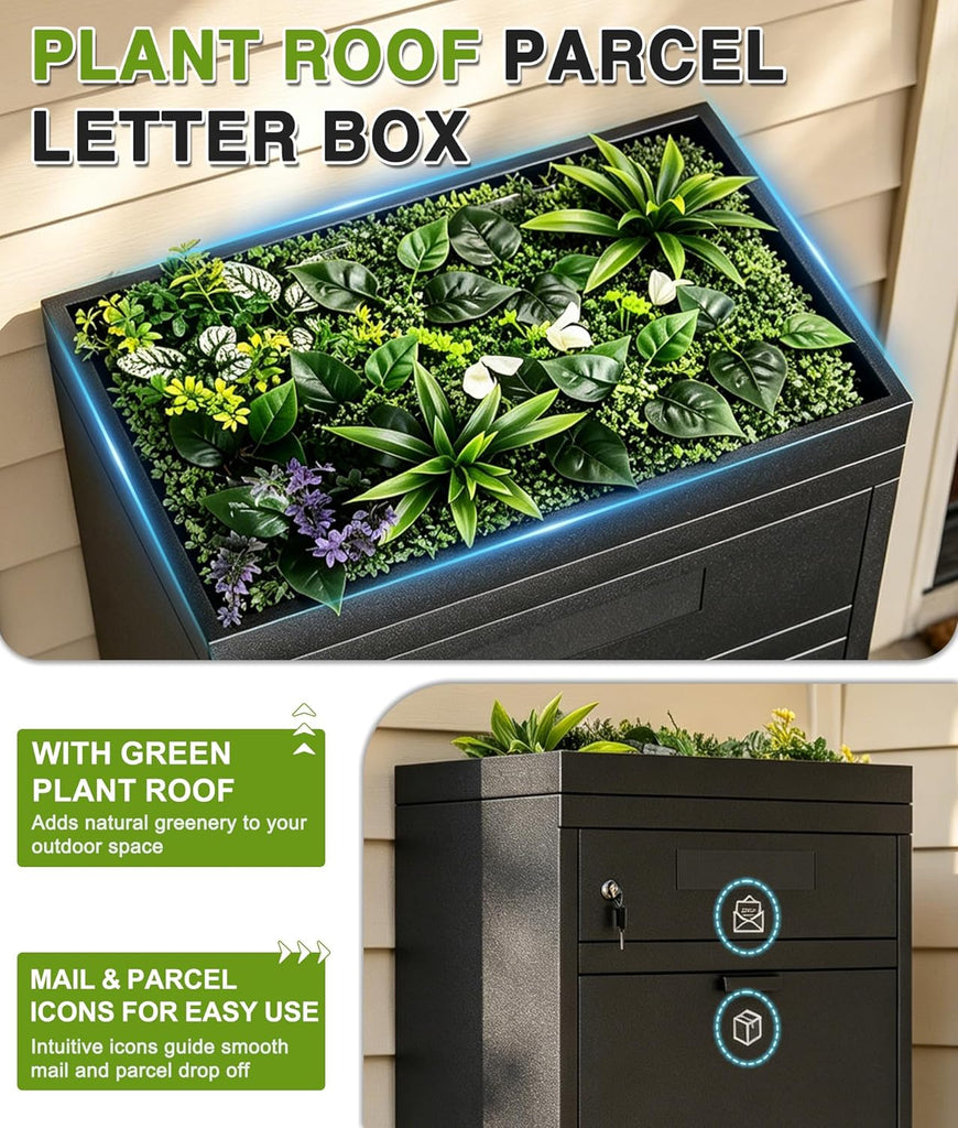 Package Delivery Boxes & Mailbox with Plant Roof, Large Parcel Drop Box with Coded Lock