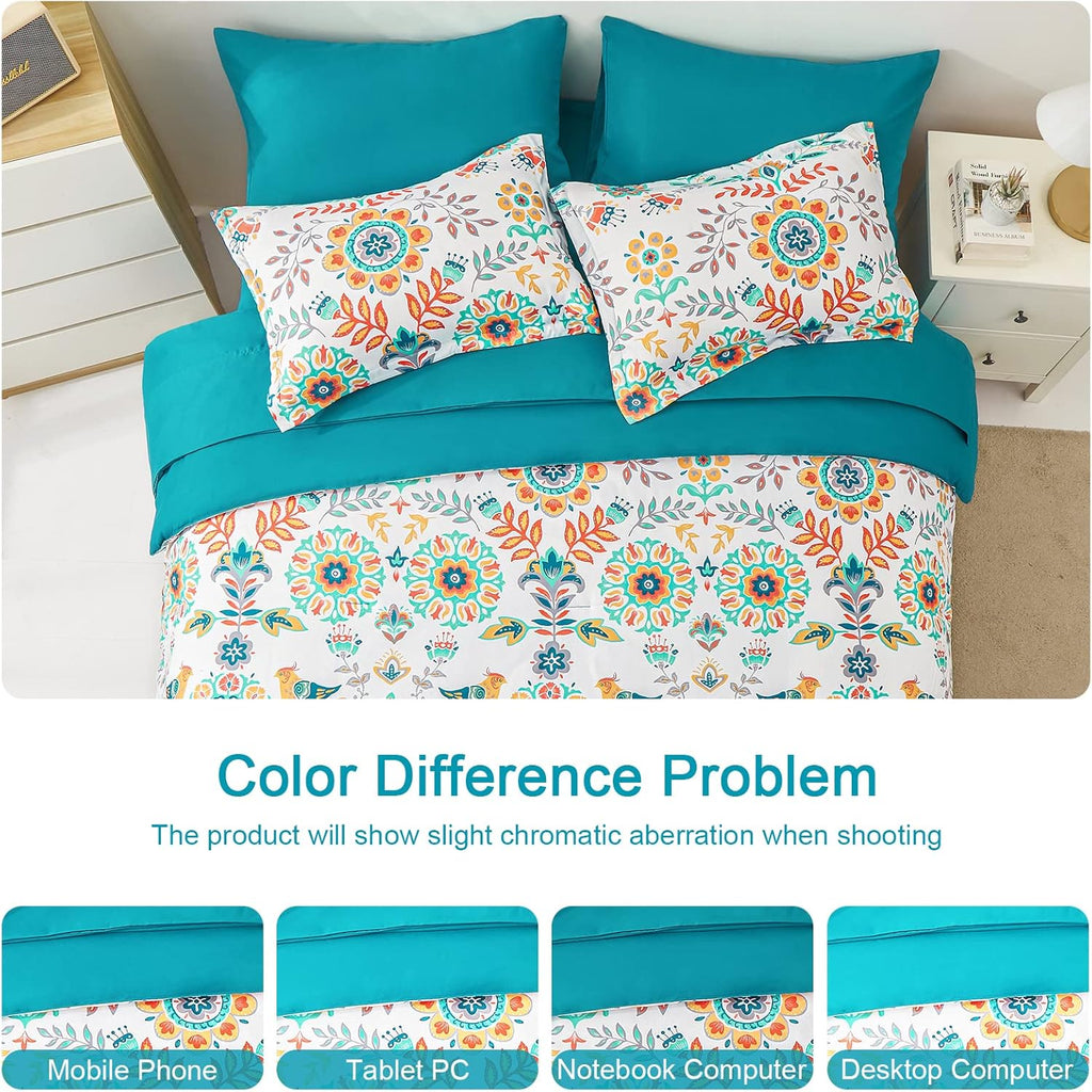 Boho Comforter Set Queen - 7 Pieces Bed in a Bag Floral Medallions Design, Bohemian Comforter Set with Sheets