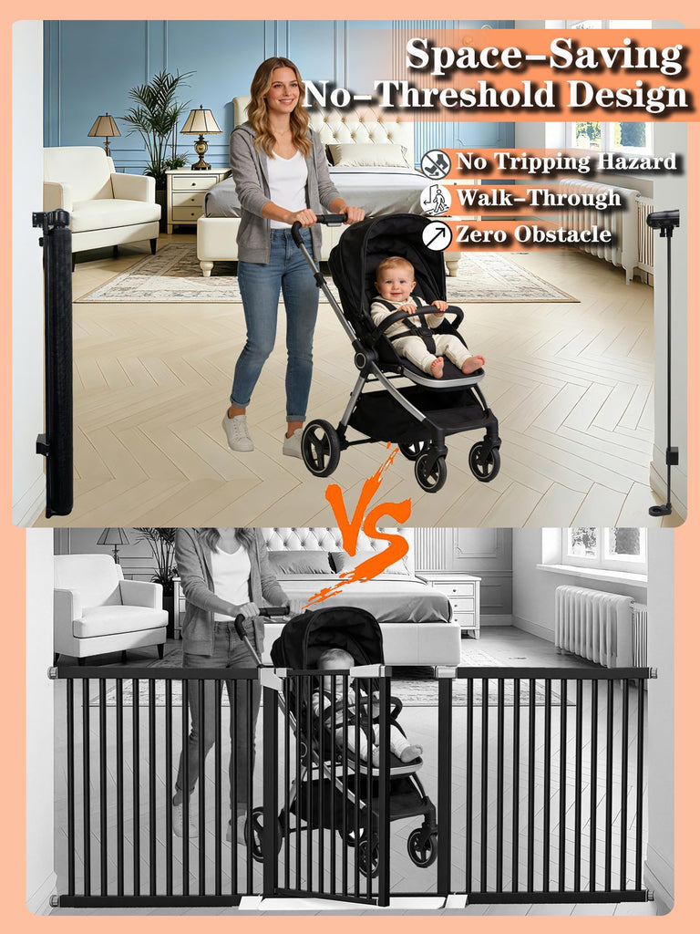 80" Wide Retractable Baby Gate for Stairs, 42" Extra Tall Retractable Dog Pet Gate with Support Rods, Mesh Screen