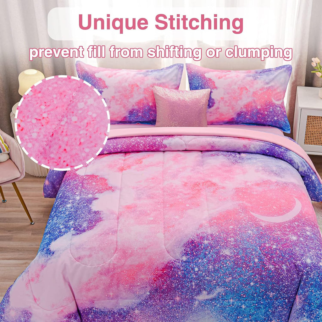 Galaxy Bedding Sets Outer Space Comforter 3D Printed Space Quilt Set Full 6Pcs Glitter Pink,for Children Boy Girl