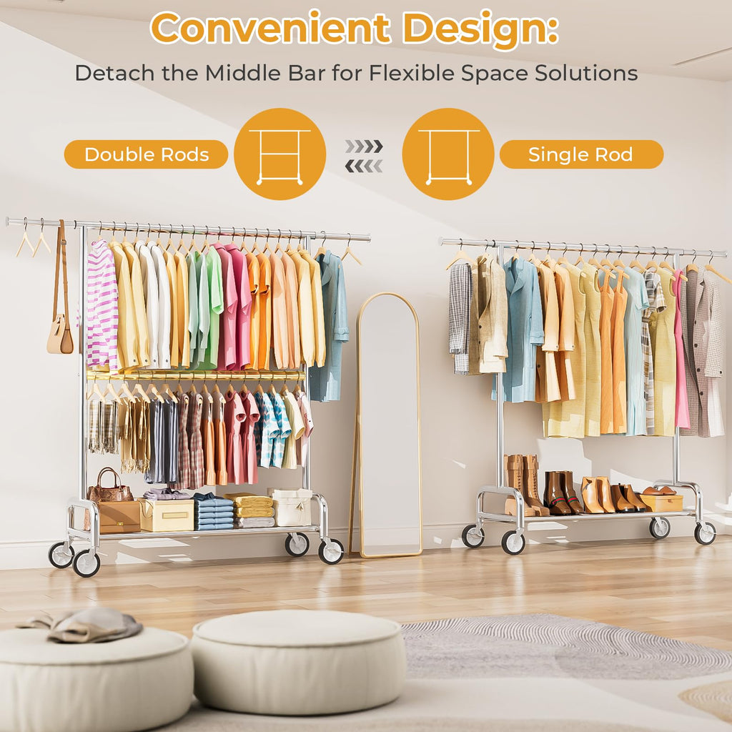 Heavy Duty Clothes Rack Load 860LBS, Double Rods Rolling Clothing Racks for Hanging Clothes, Rolling Garment Rack