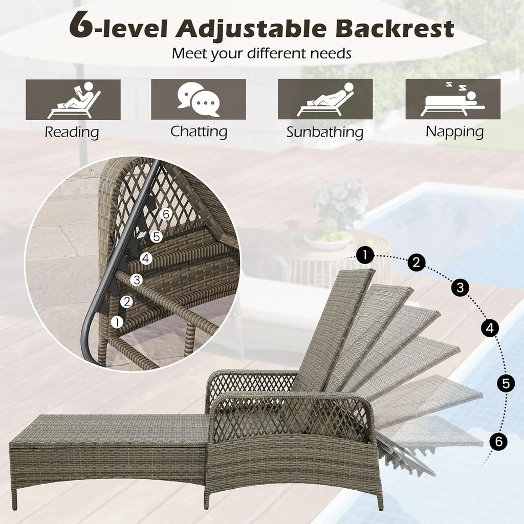 Wicker Chaise Lounge Chair, Patio Rattan Recliner with 6-Position Adjustable Backrest, Soft Cushions
