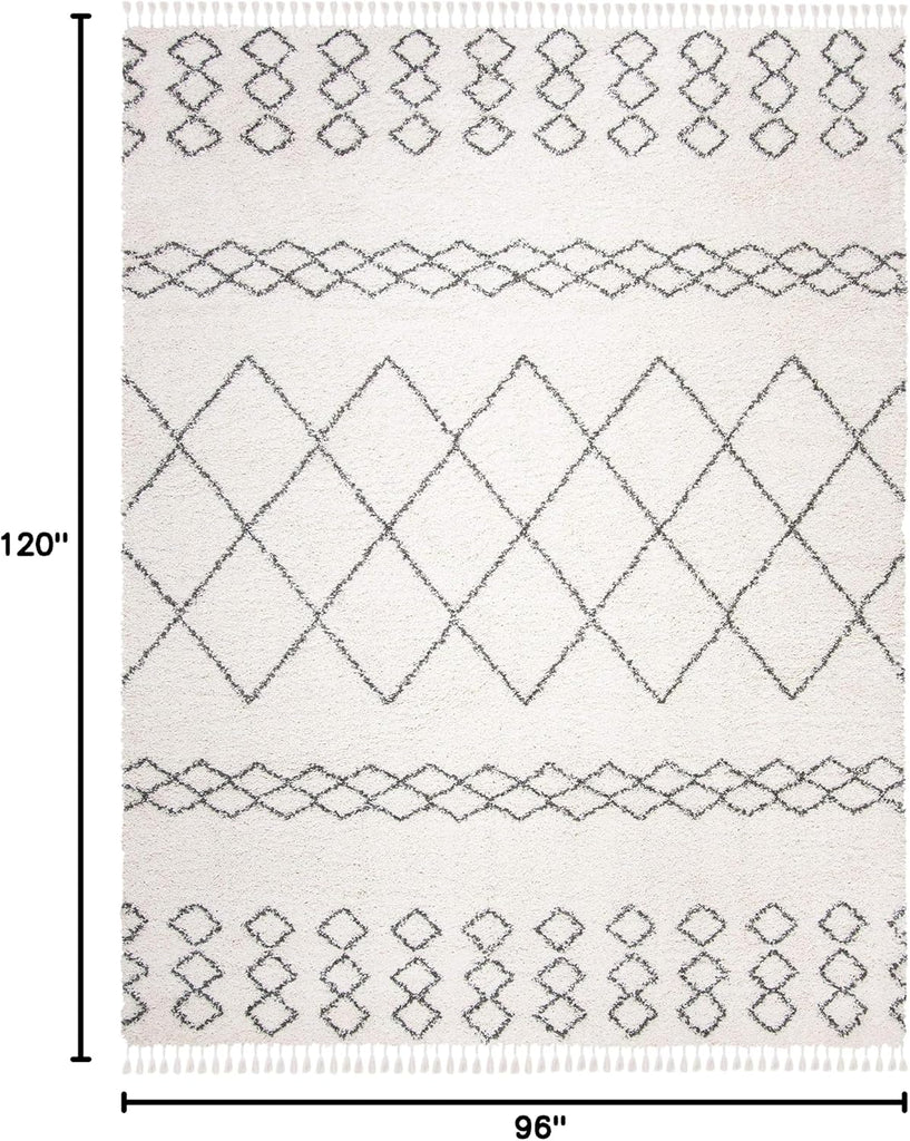 Area Rug - Moroccan Fringe Shag Collection - Large - Ivory & Grey, Boho Design, Non-Shedding & Easy Cleaning