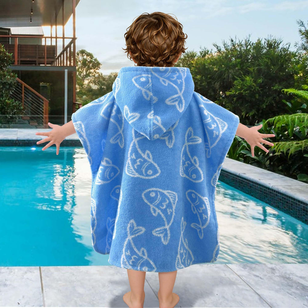 Toddler Hooded Poncho Towel 1-3Y,100% Cotton, Blue Fish