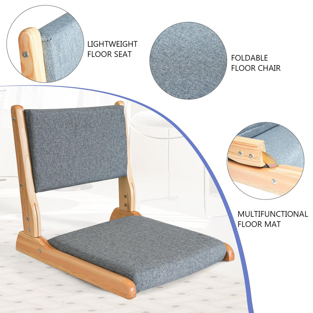 Japanese Floor Chair with Back Support, Foldable Meditation Chair, Legless Tatami Chair with Cushion, Floor Seat