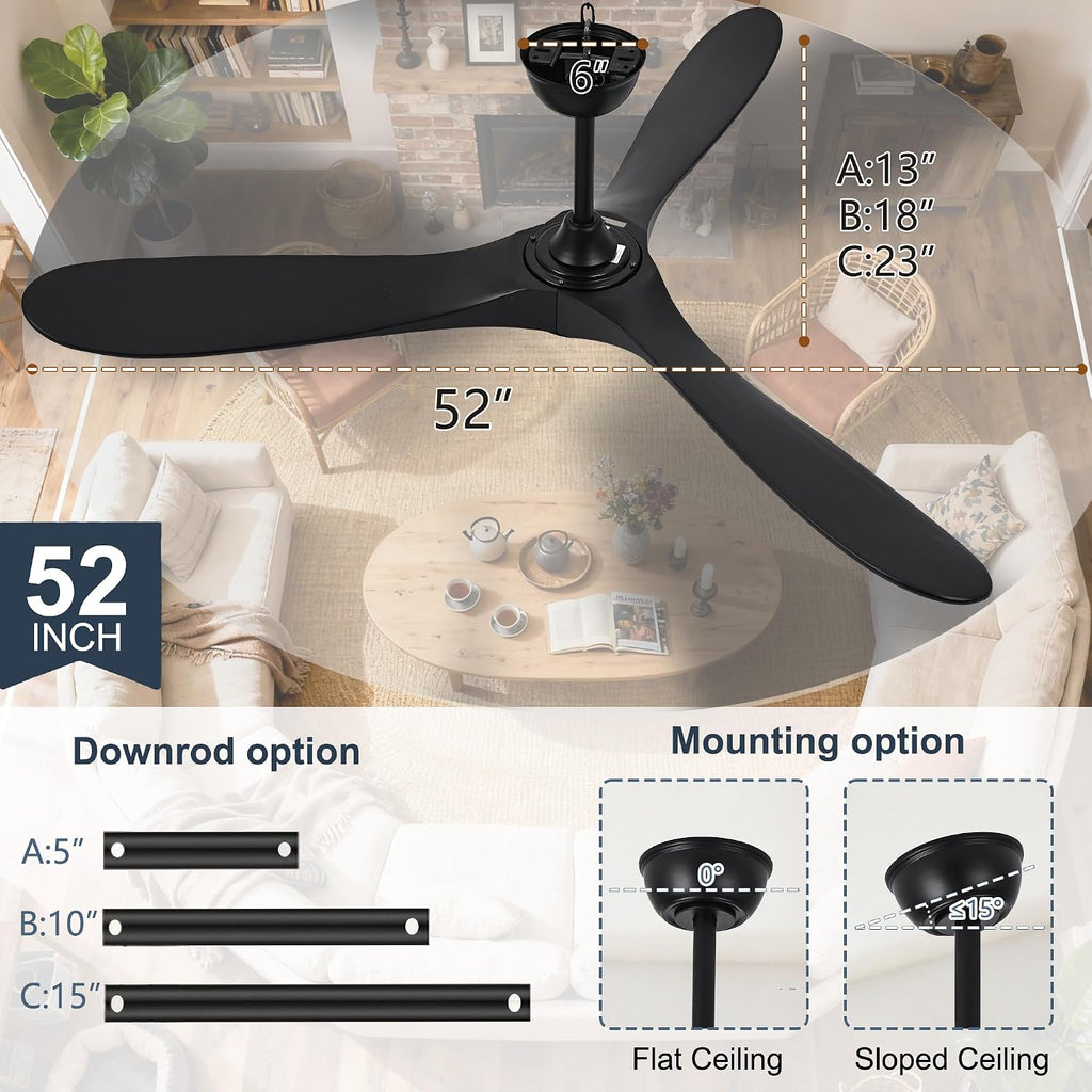 Inspired Maverick Style Solid Wood Black Ceiling Fan Without Light, 52 inch Walnut Ceiling Fan with 3 Wood Blades 6 Speeds Smart Timing Reversible DC Motor, Modern Fan for Indoor Outdoor Farmhouse/Patios A102-B0CMTK7D47