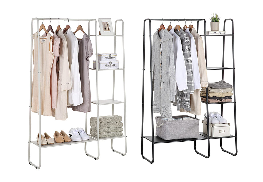 Open Closet Garment Rack with 4-Tier Shelves & Bottom Storage Shelf, Freestanding Open Wardrobe Clothes Rack