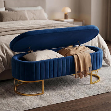Storage Bench Bedroom Bench, Velvet Oval Upholstered End of Bed Bench with Golden Metal Legs, 46" Modern Storage