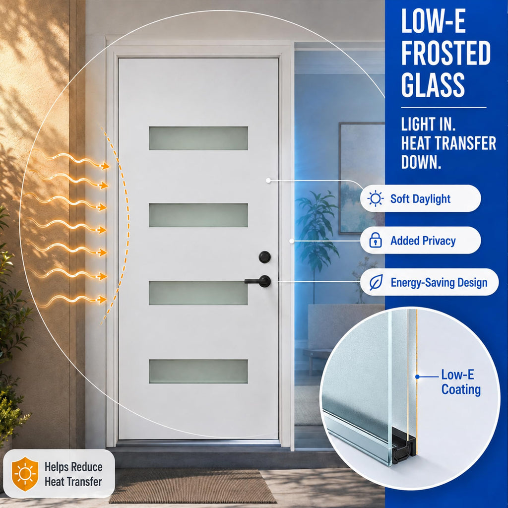36 x 80 White Fiberglass Front Entry Door, Woodgrain Texture, 4-Lite Frosted Low-E Glass, 4-9/16" Vinyl Frame &