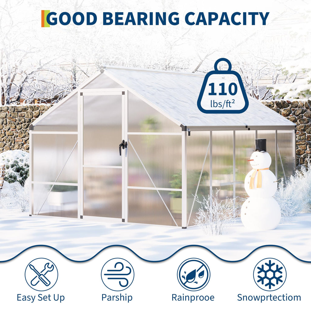 8 x 10 FT Greenhouse, Greenhouses for Outside, Polycarbonate Greenhouse with Aluminum Frame, Lockable Door and