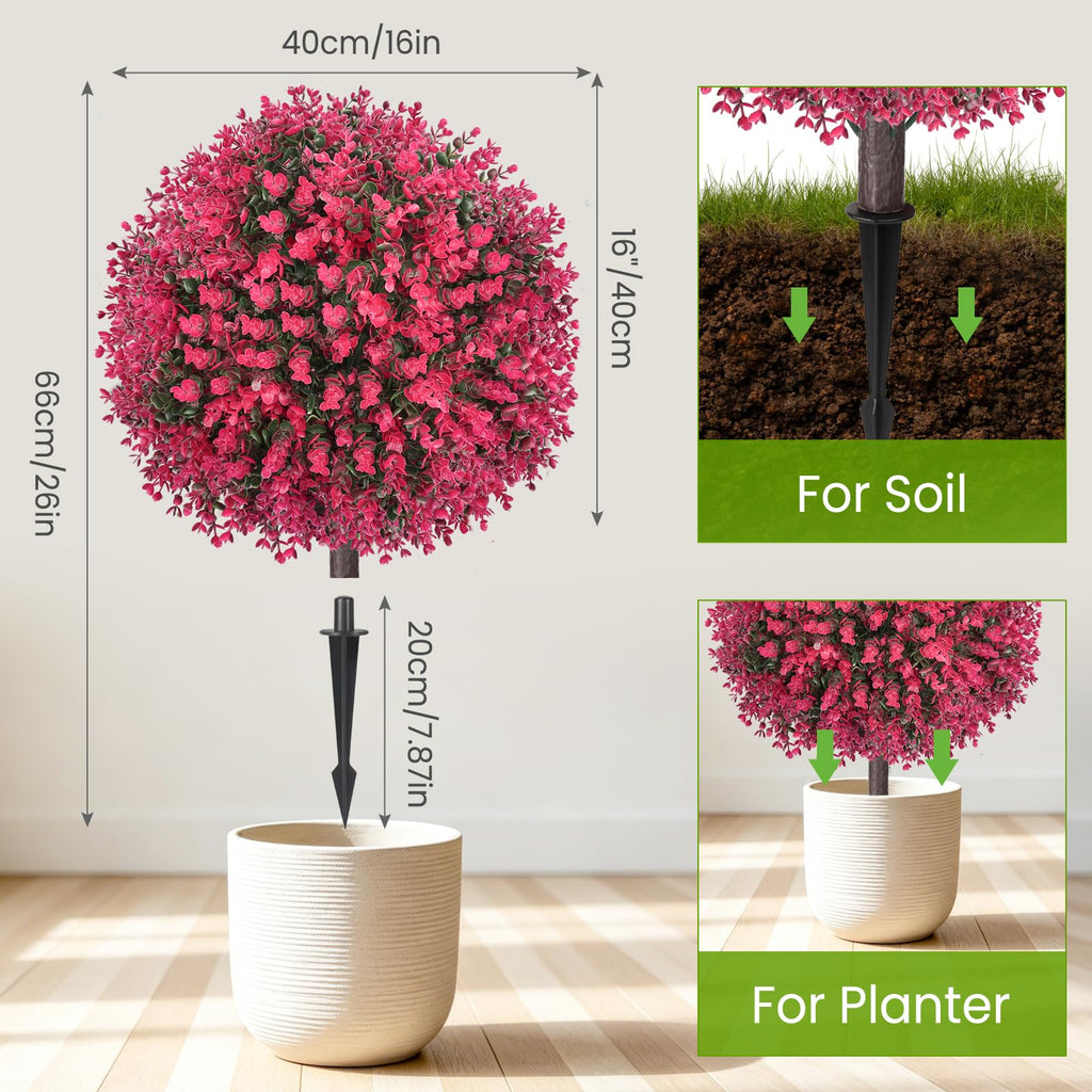 Artificial Red Eucalyptus Topiary Ball Tree, Set of 2 Fake Boxwood Bushes Shrubs with Ground Spike, UV Resistant Faux
