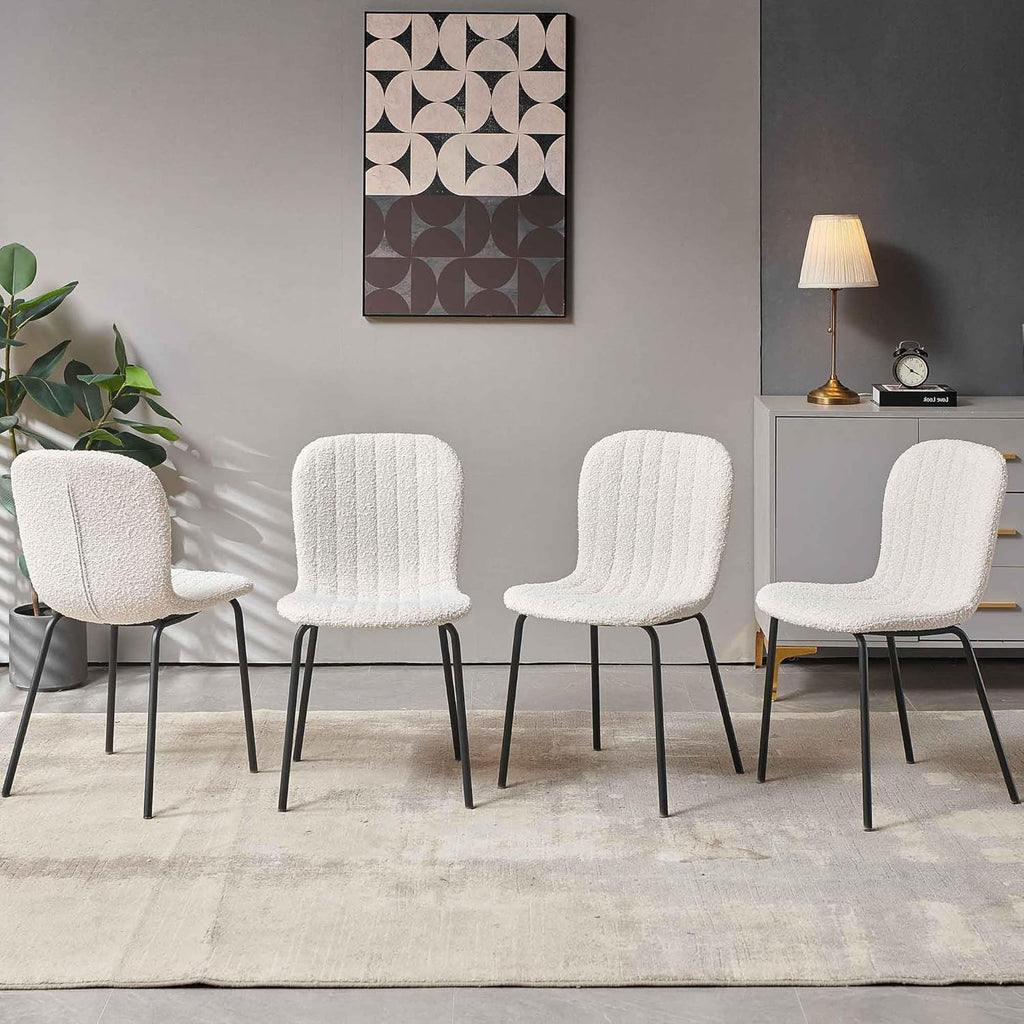 White Boucle Dining Chairs Set of 4, Modern Fabric Upholstered Kitchen and Dining Room Chairs with Metal Legs, Space-Saving Design