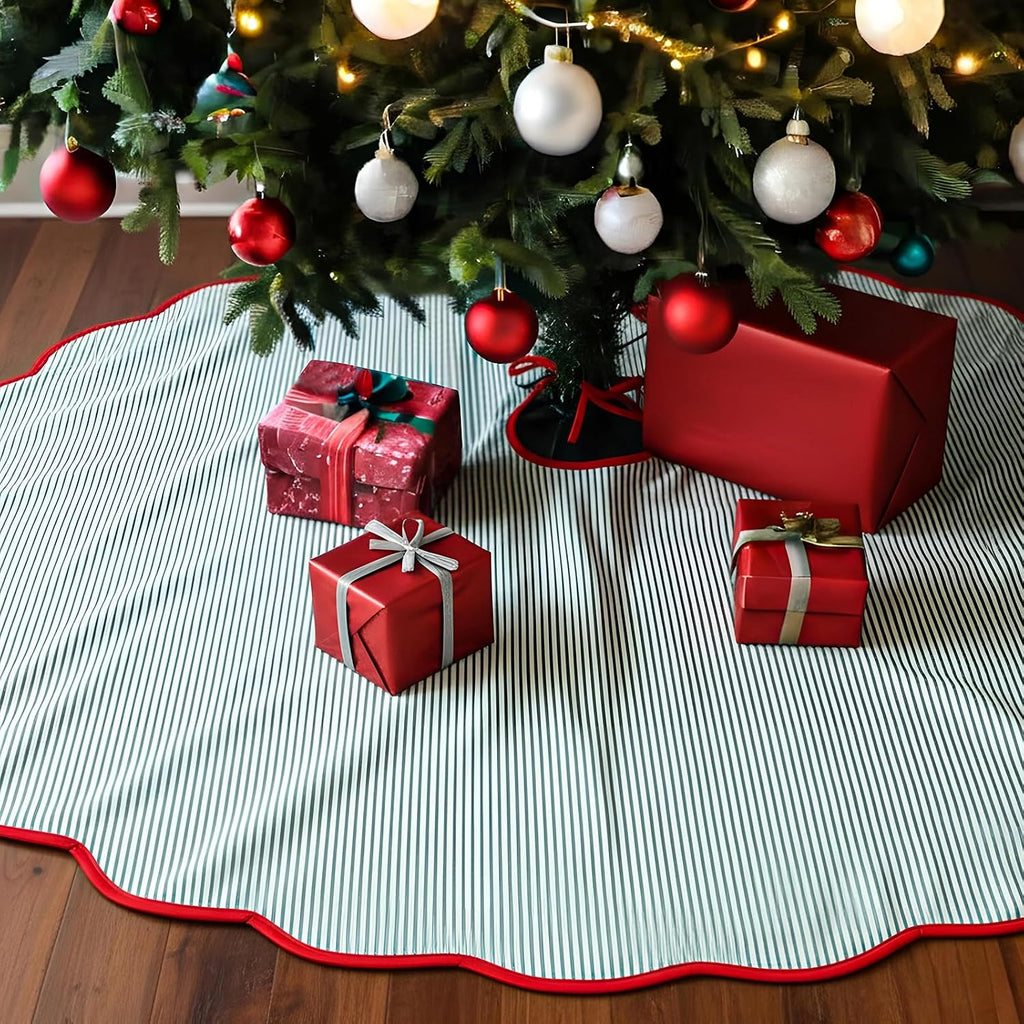 Christmas Tree Skirt Cotton Floral Block Tree Skirt in Nature Color Xmas Party Seasonal Holiday Decoration Indoor